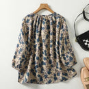 Blue Floral Linen Lantern Sleeve T-shirt Loose Women Blouse Shirt Female Clothing Tops