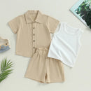 Summer Kids Girl Outfits Solid Color Tops Turn-Down Collar Shirts Elastic Waist Shorts