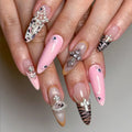24PCS Almond False Nail Pink Gradient Stiletto Nail Art for Women with Golden French Press on Nail Wearable Manicure Tip