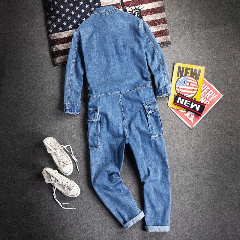 Denim one-piece overalls men's fall winter suit loose casual clothes