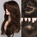 Long dark brown layered wig displayed on a mannequin head against a light gray background, with two inset close-up panels showing the hair texture and part detail, Obroi