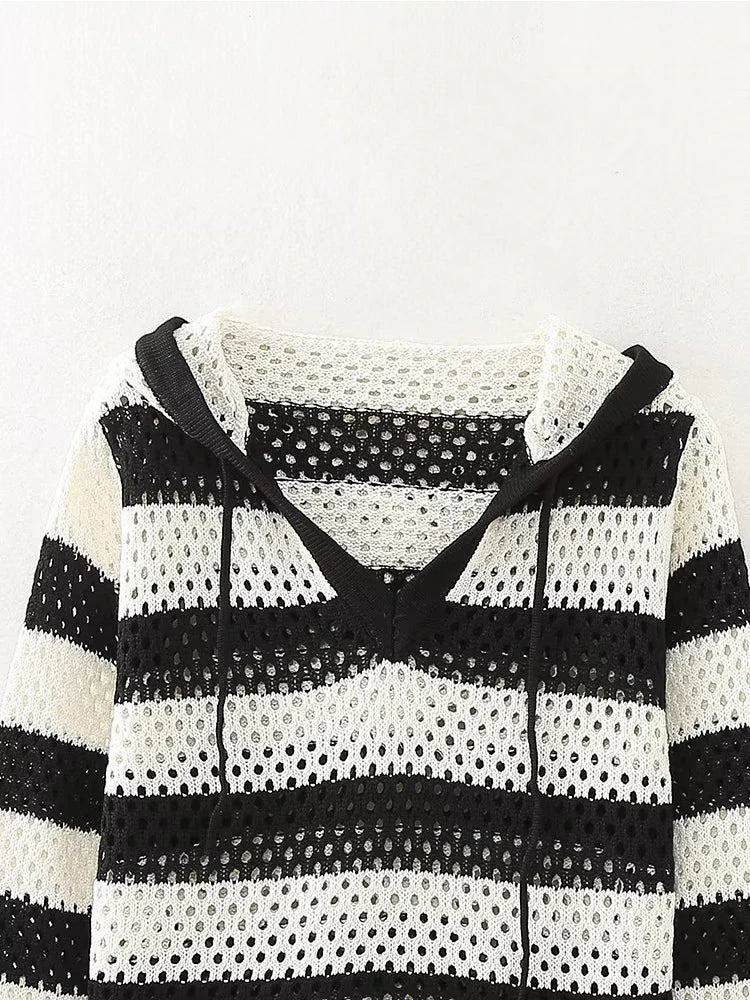 Autumn Women Vintage Striped Hooded Knit Sweater Long Sleeve Female Crop Pullover Tops