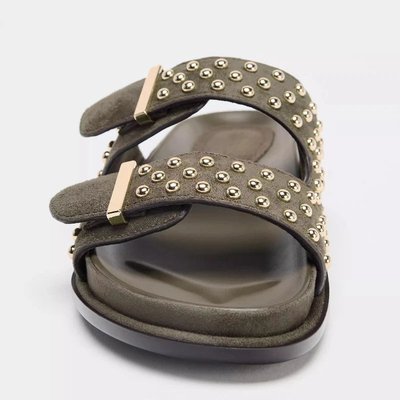Metal Rivet Decoration Flat Sandals Women Luxury Designer Belt Buckle Platform Slippers Comfortable Casual Beach Shoes