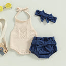 Summer Infant Baby Girl Outfit Halter Neck Knit Sweater Romper Denim Shorts Belt Headband Clothes Set