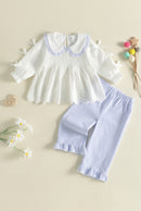 1-4Y Girls Fall Outfit Long Sleeve Doll Collar Bows Lace shirt with Striped Pants Sweet Girls Sets