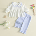 1-4Y Girls Fall Outfit Long Sleeve Doll Collar Bows Lace shirt with Striped Pants Sweet Girls Sets