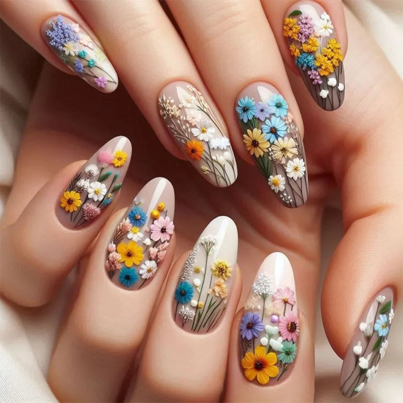 24 Pcs Almond Press on Nails Tips Medium Summer Girls Cheap False Nails