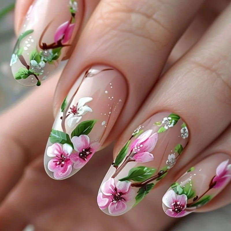 24pcs Ice Transparent Pink False Nails Almond Press On Nails Spring Charming False Nail Tips