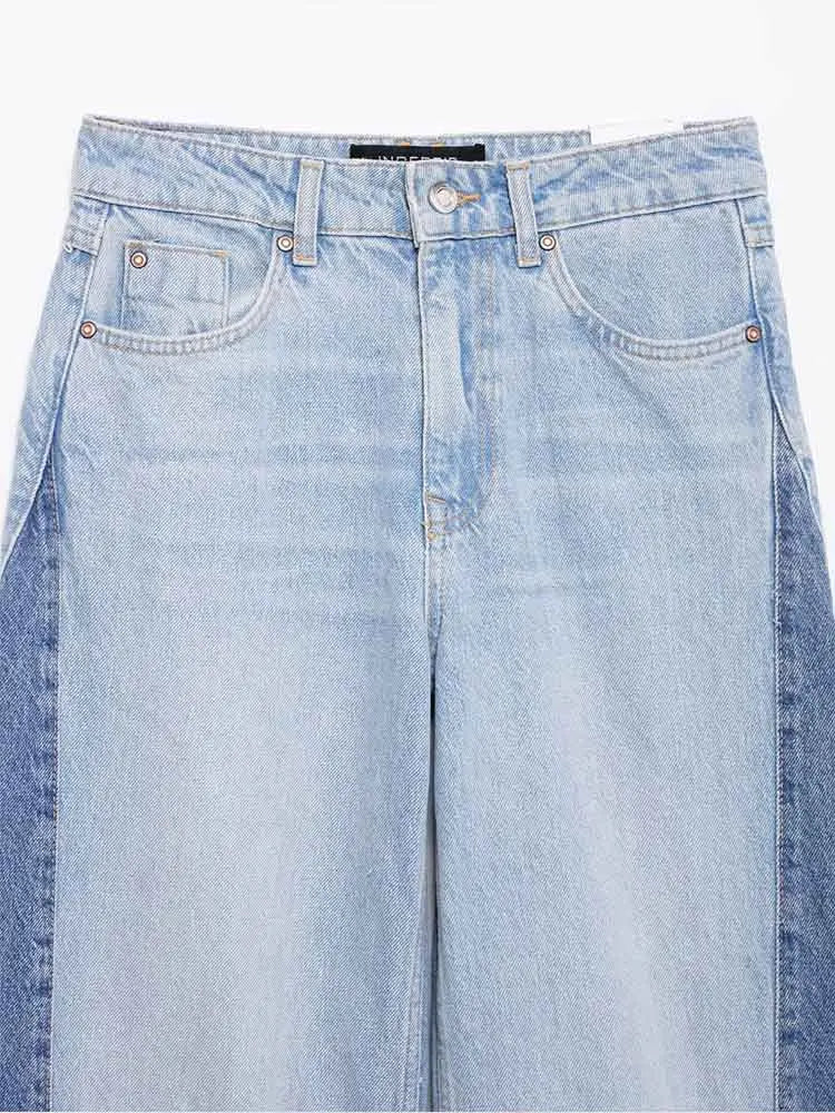 Women versatile temperament simple splicing cotton high waist loose trousers jeans