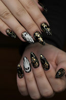 24pcs Press On Nails Cute White Ghost Flower Pattern False Nail Glossy Black Almond Nails