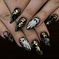 24pcs Press On Nails Cute White Ghost Flower Pattern False Nail Glossy Black Almond Nails