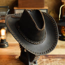 Brown leather cowboy hat on a stand with a warm, rustic background, Obroi