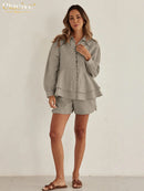 Linen Piece Sets Women Outfit Elegant Long Sleeve Shirt With High Waist Shorts Set Female