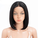 Mannequin head with a black wig on a white background, featuring the brand 'Obroi'.