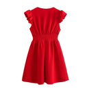 Summer Women Cross V Neck Flying Sleeve Red Party Dress Vintage Elastic Waist Mini Ladies Elegant Dresses