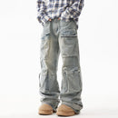 Men's Denim Pants Pleated Large Pocket Straight Jeans Loose Wide Leg Male Trousers