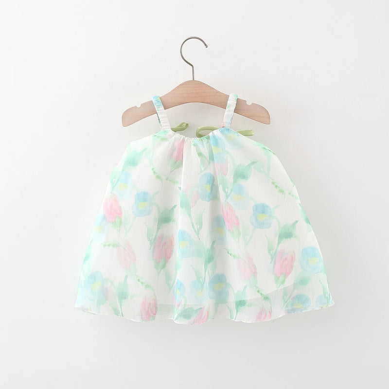 Summer Baby Girl With Two Tulips Chiffon Suspender Dress, Girl Princess Dress