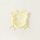 Yellow sleeveless top with ruffled sleeves on a light gray background, Obroi