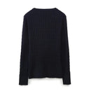 Women Vintage Navy Blue Long Sleeve V Neck Cable Knit Sweater Autumn Pullover Jumper