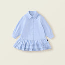 Spring Arrival Kids Blue Pleated Lace Dress Casual Collared Shirt Dress for Toddler & Young Children