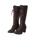 Medieval Victorian Women Knee High Boots Gothic Suede Chunky Heel Lace Up Mid Calf Shoes Cosplay Costume