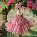 Baby Girls Pink Flower Fluffy Birthday Dress Kids Lace Summer Elegnat Evening Gown Party Dresses iInfant Floral Holiday Costumes