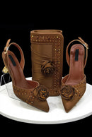 Elegant Rhinestone-Embellished Brown Heeled Shoes and Handbag Set for Women with Floral Decoration