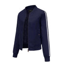 Navy bomber jacket with white stripes on sleeves on a white background, Obroi