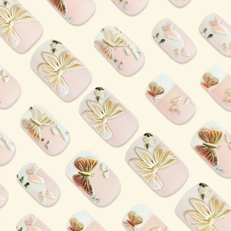 Press on Nails Butterfly Coffin Fake Nails Butterfly Flower Acrylic Nails False Nail Full Cover Press on Nails