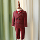 Red plaid children's suit on a mannequin against a curtain background, Obroi
