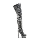 Leopard print knee-high boot with high heel and platform on a white background, featuring 'Obroi' brand.