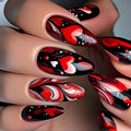 Nails with red, black, and white abstract design on a neutral background, Obroi