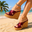 Summer Red Cross Belt Wedges Heel Thick Bottom Wood Pattern Waterproof Platform Beach Slippers Shoes