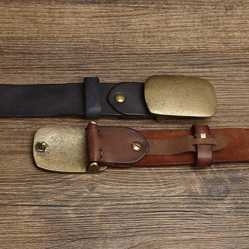 3.7CM Pure Genuine Leather Belts for Men Strap Male Brass Buckle Fancy Jeans Luxury