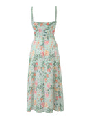 Women Summer Sweet Floral Cute Square Collar Sleeveless Midi Dress Slim Backless Chic Split Tank Dresses