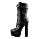 Women Black Matte Platform Zipper Ankle Boots Round Heels Heeled Metal Plates Buckle  Boots