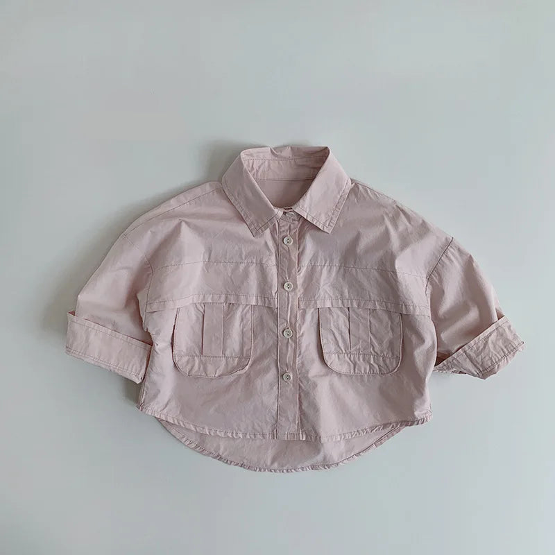 Spring Summer Children Shirts 1-8Y Boys Cotton Spliced Pockets Casual Toddler Wear