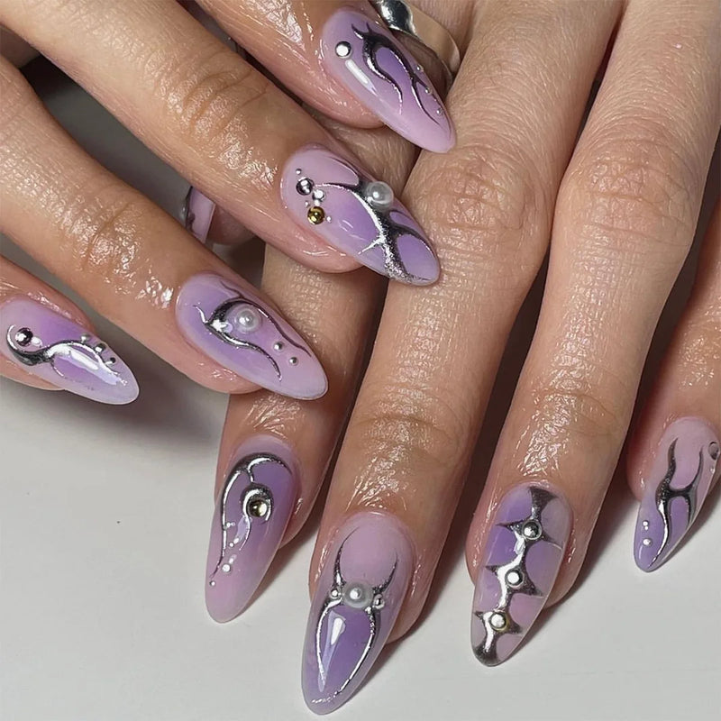 Rhinestone Stars Silver Flame White French Almond Shape False Nails Detachable Finished Fake Nails Press on Nails