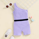 Girls Summer Jumpsuits With Waist Pack Sleeveless One Shoulder Ribbed Elastic Playsuits Shorts
