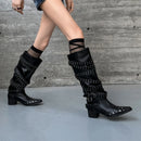 Autumn Belt buckle Knee high boots Pointed toe rivet pull-on heels Pleated Motorcycle boots
