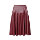 Women Autumn Winter Maroon A-line Midi Faux Leather Skirt