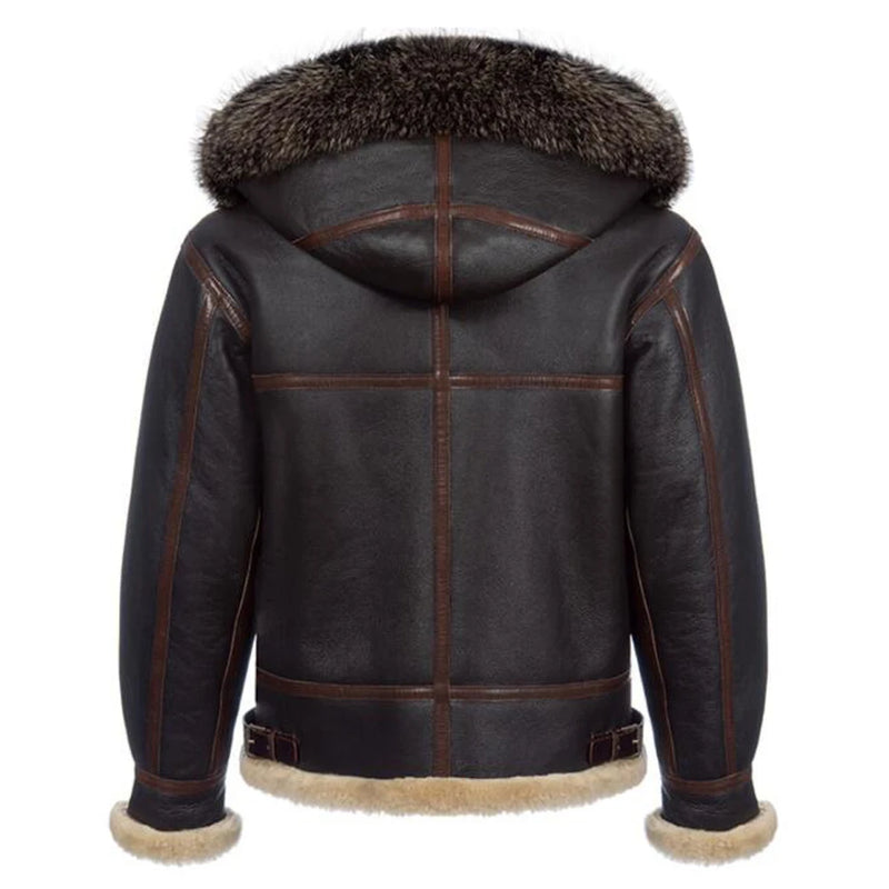 Men Shearling Jacket Hooded Sheepskin Coat Thick Warm Winter Pilot Jacket