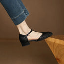 Female Sandals Square Toe Heels 3.5cm Buckle T-Strap Breathable Mesh Casual Shoes