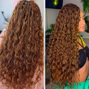 Two views of a woman with long, wavy hair styled in cornrows, Obroi