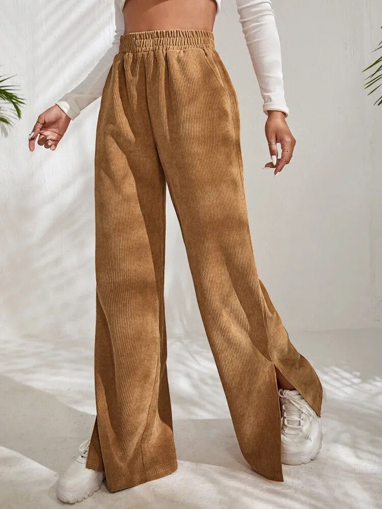 Corduroy Wide Leg Pants Capris Women Vintage High Waist Split Long Pants High Waist Work Summer Capris