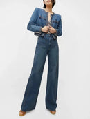 Weaving Jacket for Women Spliced Pocket Shoulder Design Denim Coat Female