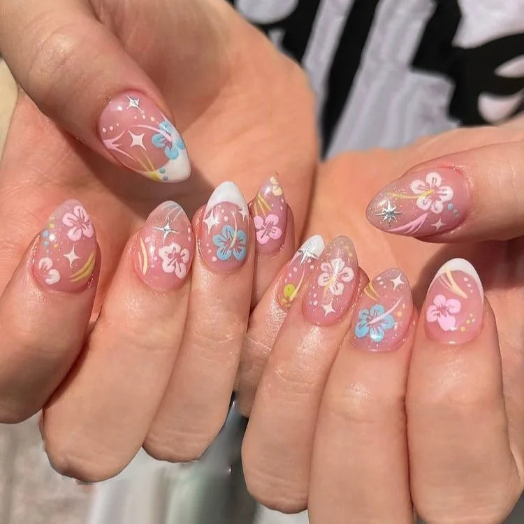 Press on False Nails with Flower starfish heart Design Fake Nail Reusable Round Full Cover Nails Tips