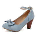 Women Pumps Pointed Toe Spike Heel Fabric Bowtie Ankle Strap