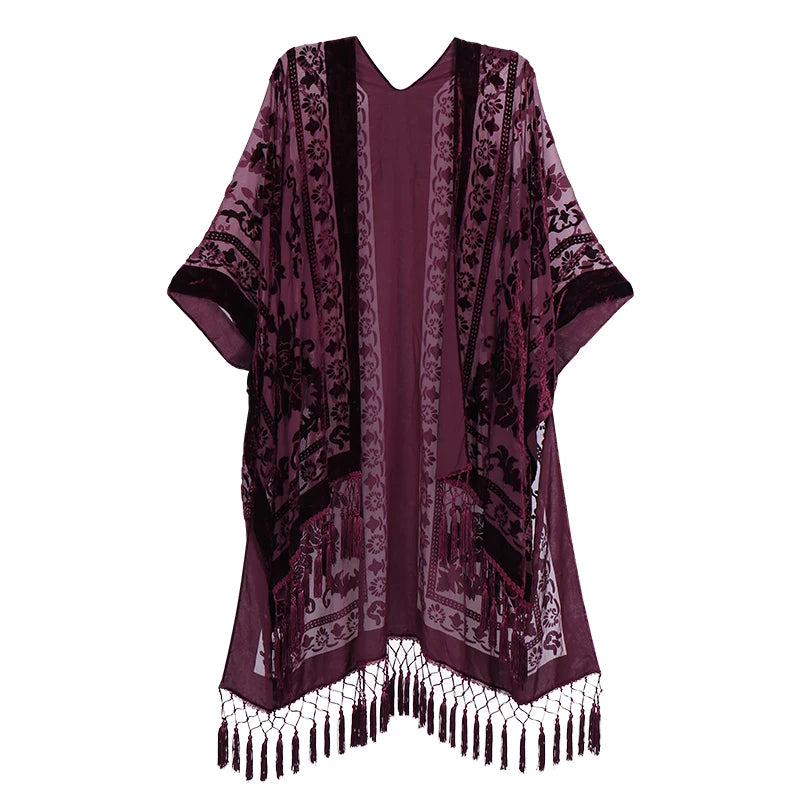 Bohemian Kimono Velvet Tassel Shawl Casual and Versatile for Women on Vacation