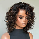 Wear & Go Blonde Highlight Curly Human Hair Wig Lace Short Bob Bouncy Loose Curly Wig For Women
